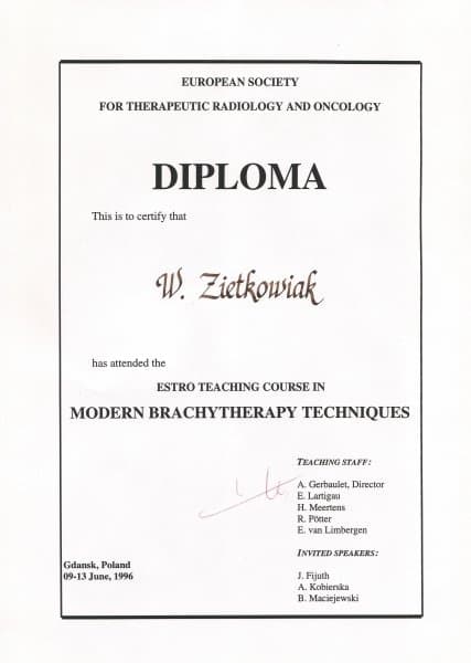 Dyplom 1996 brachyterapia gdansk, dr n. med. Wojmir Ziętkowiak - Ginekolog Poznań