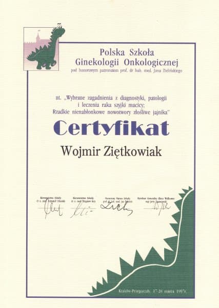 Dyplom 1997 onkologia krakow, dr n. med. Wojmir Ziętkowiak - Ginekolog Poznań