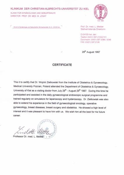 Dyplom 1997 uniwersytet kilonia, dr n. med. Wojmir Ziętkowiak - Ginekolog Poznań