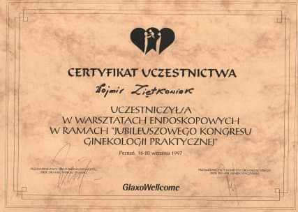 Dyplom 1997 warsztaty endoskopia poznan, dr n. med. Wojmir Ziętkowiak - Ginekolog Poznań