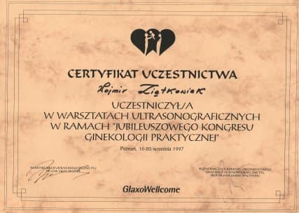 Dyplom 1997 warsztaty usg poznan, dr n. med. Wojmir Ziętkowiak - Ginekolog Poznań