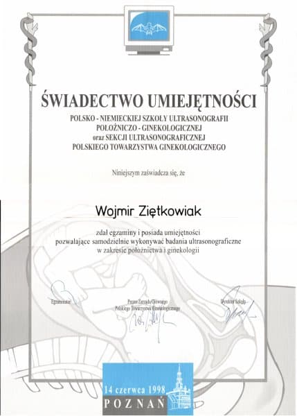 Dyplom 1998 usg, dr n. med. Wojmir Ziętkowiak - Ginekolog Poznań