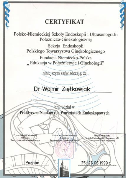 Dyplom 1999 endoskopia warsztaty poznan, dr n. med. Wojmir Ziętkowiak - Ginekolog Poznań