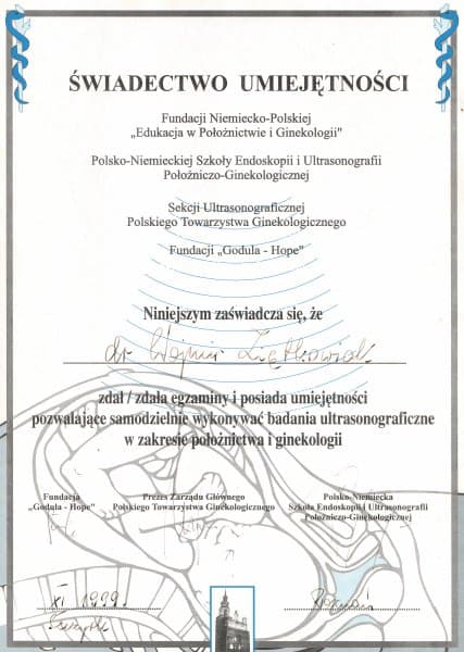 Dyplom 1999 usg gin pol poznan, dr n. med. Wojmir Ziętkowiak - Ginekolog Poznań
