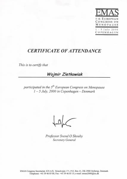 Dyplom 2000 menopauza kopenhaga, dr n. med. Wojmir Ziętkowiak - Ginekolog Poznań