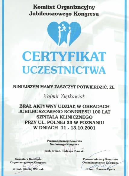 Dyplom 2001 100 lecie szpitala polna, dr n. med. Wojmir Ziętkowiak - Ginekolog Poznań