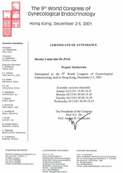 Dyplom 2001 endokrynologia hong kong, dr n. med. Wojmir Ziętkowiak - Ginekolog Poznań