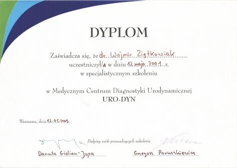 Dyplom 2001 urodynamika warszawa, dr n. med. Wojmir Ziętkowiak - Ginekolog Poznań