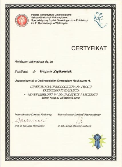 Dyplom 2002 ginekologia ksiaz, dr n. med. Wojmir Ziętkowiak - Ginekolog Poznań