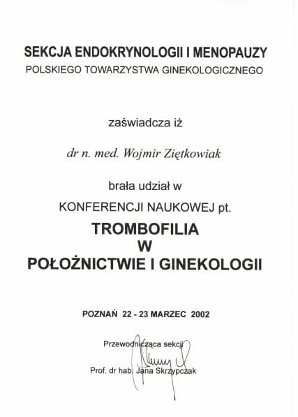 Dyplom 2002 trombofilia w poloznictwie, dr n. med. Wojmir Ziętkowiak - Ginekolog Poznań