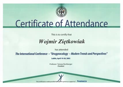 Dyplom 2002 uroginekologia lublin, dr n. med. Wojmir Ziętkowiak - Ginekolog Poznań