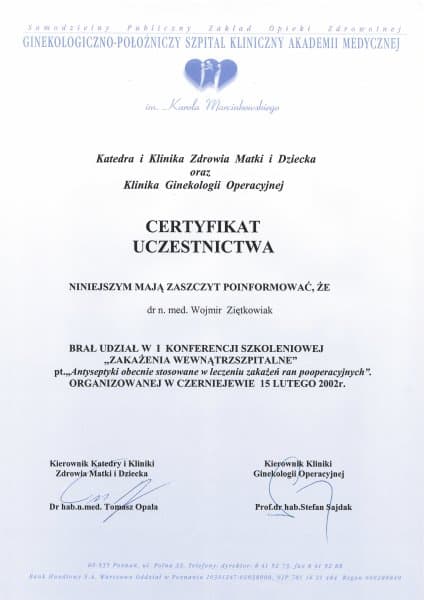 Dyplom 2002 zakazenia wewnatrzszpitalne, dr n. med. Wojmir Ziętkowiak - Ginekolog Poznań