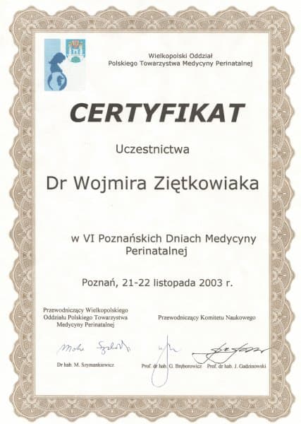 Dyplom 2003 perinatologia poznan, dr n. med. Wojmir Ziętkowiak - Ginekolog Poznań