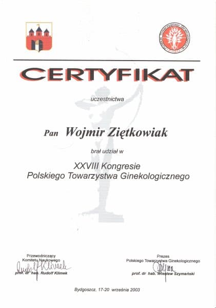 Dyplom 2003 ptg zjazd bydgoszcz, dr n. med. Wojmir Ziętkowiak - Ginekolog Poznań