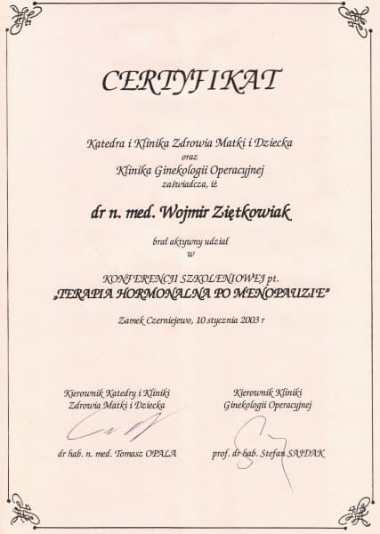 Dyplom 2003 terapia hormonalna czerniejewo, dr n. med. Wojmir Ziętkowiak - Ginekolog Poznań