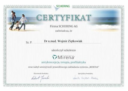 Dyplom 2005 mirena certyfikat, dr n. med. Wojmir Ziętkowiak - Ginekolog Poznań
