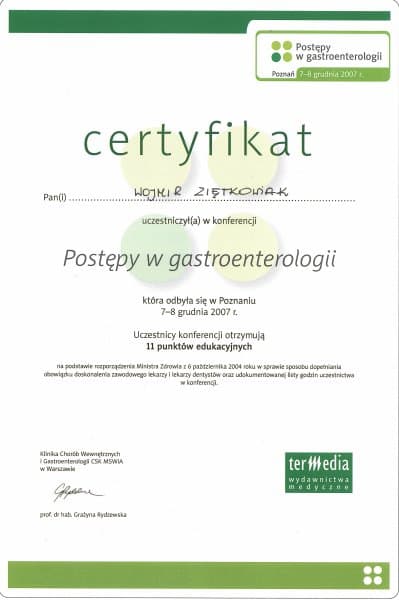 Dyplom 2007 gastroenterologia poznan, dr n. med. Wojmir Ziętkowiak - Ginekolog Poznań