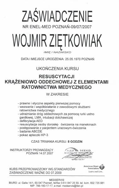 Dyplom 2007 resuscytacja kurs poznan, dr n. med. Wojmir Ziętkowiak - Ginekolog Poznań