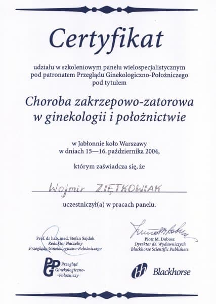 Dyplom 2004 choroba zatorowa jablonna, dr n. med. Wojmir Ziętkowiak - Ginekolog Poznań