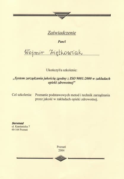 Dyplom 2004 iso, dr n. med. Wojmir Ziętkowiak - Ginekolog Poznań