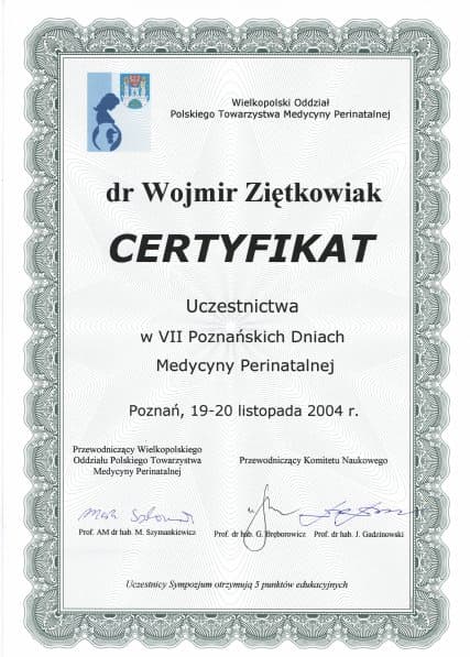Dyplom 2004 perinatologia poznan, dr n. med. Wojmir Ziętkowiak - Ginekolog Poznań