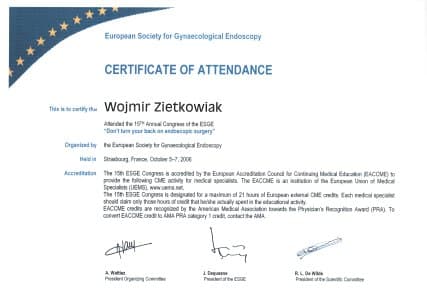 Dyplom 2006 strasburg endoskopia, dr n. med. Wojmir Ziętkowiak - Ginekolog Poznań