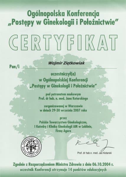 Dyplom 2007 postepy w ginekologii warszawa, dr n. med. Wojmir Ziętkowiak - Ginekolog Poznań
