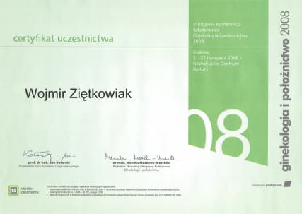 Dyplom 2008 medycyna praktyczna, dr n. med. Wojmir Ziętkowiak - Ginekolog Poznań