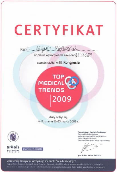 Dyplom 2009 top medical trends, dr n. med. Wojmir Ziętkowiak - Ginekolog Poznań