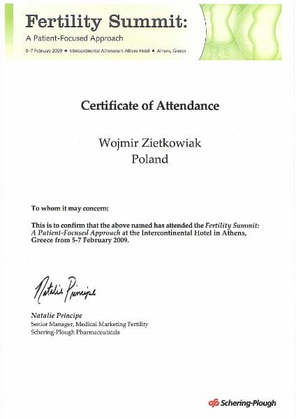 Dyplom 2009 fertility summit, dr n. med. Wojmir Ziętkowiak - Ginekolog Poznań