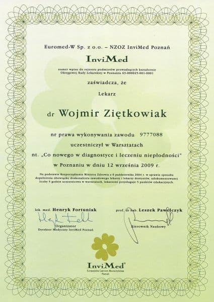 Dyplom 2009 invimed, dr n. med. Wojmir Ziętkowiak - Ginekolog Poznań