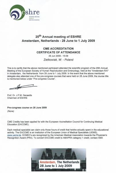 Dyplom 2009 eshre, dr n. med. Wojmir Ziętkowiak - Ginekolog Poznań