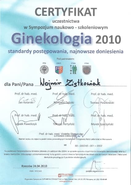 Dyplom 2010 ginekologia rzeszow, dr n. med. Wojmir Ziętkowiak - Ginekolog Poznań