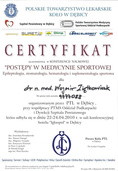 Dyplom 2010 medycyna sportowa, dr n. med. Wojmir Ziętkowiak - Ginekolog Poznań