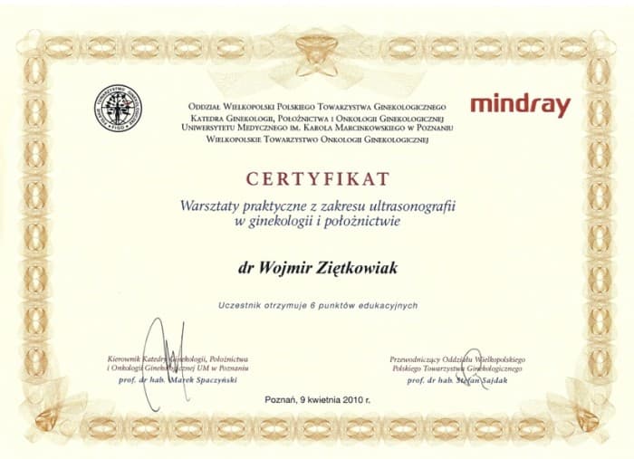 Dyplom 2010 usg mindray, dr n. med. Wojmir Ziętkowiak - Ginekolog Poznań