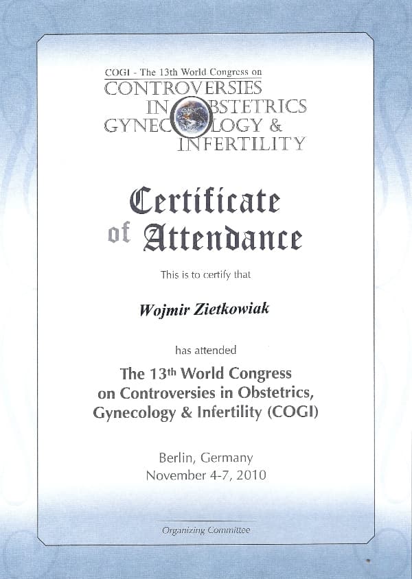 Dyplom 2010 cogi berlin, dr n. med. Wojmir Ziętkowiak - Ginekolog Poznań