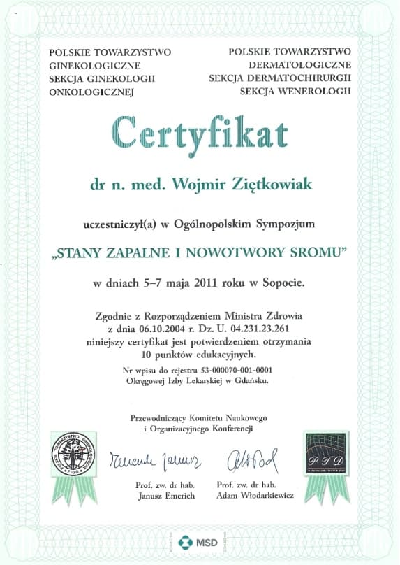Dyplom 2011 nowotwory sromu, dr n. med. Wojmir Ziętkowiak - Ginekolog Poznań