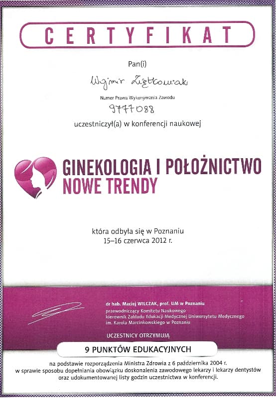 Dyplom 2012 nowe trendy, dr n. med. Wojmir Ziętkowiak - Ginekolog Poznań