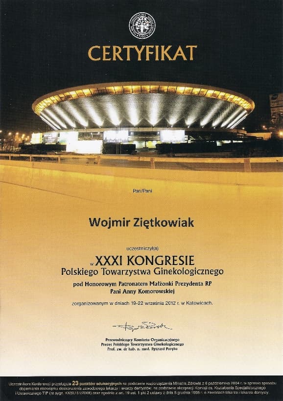 Dyplom 2012 xxi ptg, dr n. med. Wojmir Ziętkowiak - Ginekolog Poznań
