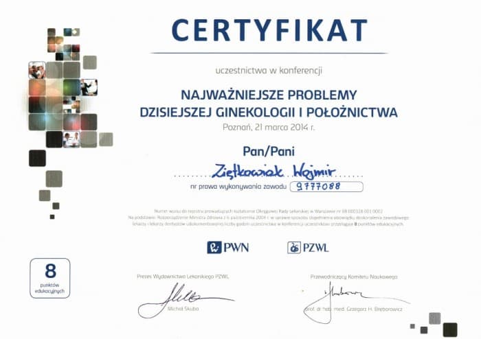 Dyplom 2014 problemy gin i pol, dr n. med. Wojmir Ziętkowiak - Ginekolog Poznań